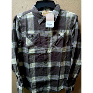 The Abouts boys olive plaid button down shirt large